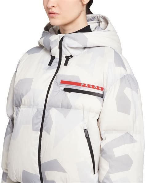 Marble Gray Cropped Camouflage Print Nylon Puffer Jacket 